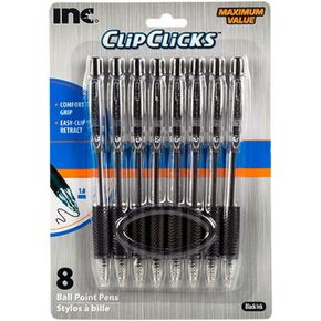 Clip Click Retractable Ball Point Pens, 1.0 mm Black Ink, Set of 8