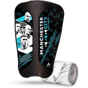 Alpha Soccer Shin Guards - Soccer Protective Gear, Lightweight Shin Guard Set with Alpha wrap (M/L, Manchester City Stickers)