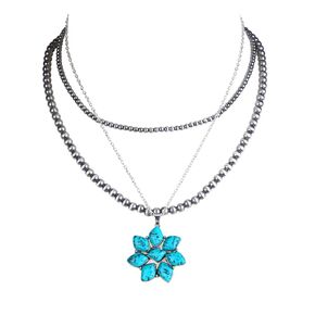 Western Jewelry Navajo Pearl Turquoise Necklace for Women Handmade Layered Long Pearl Necklaces with Circle Turquoise Pendant for Cowgirl