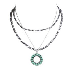 Western Jewelry Navajo Pearl Turquoise Necklace for Women Handmade Layered Long Pearl Necklaces with Circle Turquoise Pendant for Cowgirl