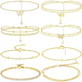 Myofeng 8Pcs Bows Ankle Bracelets Suit for Women 14K Gold Plated Ankle Bracelets Exquisite Layered Feet Chain Summer Beach Foot Chain Jewelry Gifts
