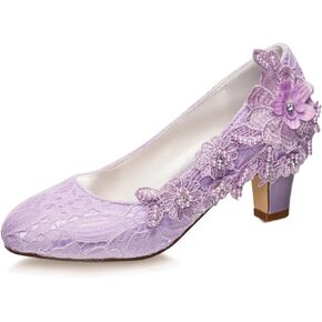 Emily Bridal Wedding Shoes Women's Silk Like Satin Chunky Heel Pumps with Stitching Lace Flower Crystal Pearl