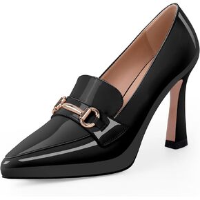 Odetina Women's Pointed Toe High Heel Pumps Comfortable Slip On Patent Leather Platform Loafers Metal Decoration Office Dressy Casual Shoes