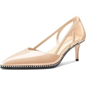 Womens Mid Heel Close Pointed Toe Pumps Slip-on Silver Beaded Prom Wedding Dress Patent Leather 2.6 Inches Heels