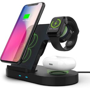 Hypercel 3 in 1 Wireless Charging Station - Includes 10W Fast Wireless Charger Stand, Wireless Charger Pad & Watch Mount Compatible with iPhone, Android, Apple Watch, AirPods, & More - Black