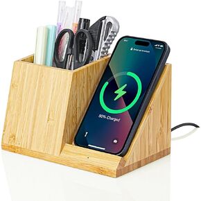 OhM-ega Bamboo Pen Holder, Pen Organizer for Desk with Wireless Charger, Desk Organizers and Storage, Home Office Organizers for Desk, 10W Wireless Charging, Compatible with iphone and android devices