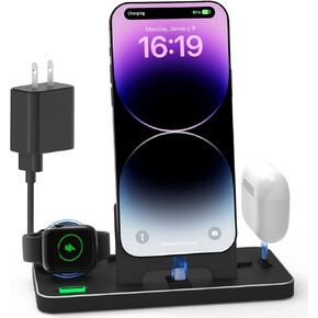 3 in 1 Foldable Charger Stand Dock, ELECGO Portable Fast Charging Station with Adapter, Compatible with iPhone 14/13/12/11/SE, AirPods 3/2/pro, Wireless Charging Dock for iWatch 7/6/5/SE/4/3/2 in Kuwait