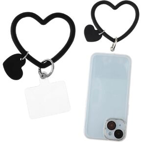 Heart Loop Lanyard Silicone Phone Wrist Phone Strap with Key Chain Holder Cell Phone Hand Wrist Lanyard Strap Phone Accessories Charm with Back Patch for All Smartphones Phone Case (Black)