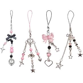 4pcs Y2K Phone Charm, Aesthetic Phone Charms Accessories Cut Pink Star Heart Crystal Bow Phone Chain Lanyard Accessories for Phone Bag Keychain Camera Pendants Decor