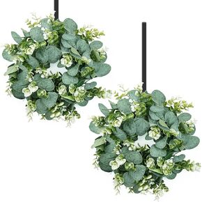2 حزمة من إكليل الأوكالبتوس الاصطناعي، إكليل أخضر صغير مقاس 30.48 سم مع خطاف حديدي للباب الأمامي ونافذة الجدار ومهرجان الربيع وديكور المزرعة in Kuwait