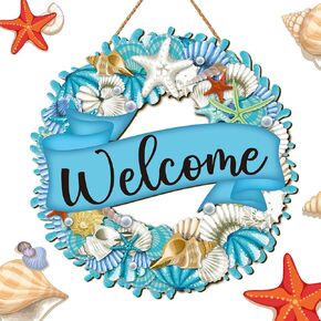 Hello Summer Wreath Sign Ocean Beach Wooden Hanging Wreath Decor Ornament Wood Farmhouse Beach Starfish Door Decor Beach Theme Hanger for Front Door Porch Home Wall Window Indoor Outdoor Decor