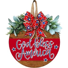 God Bless America Patriotic Sign for Front Door Decor,11.8 inch Wooden Independence Day Door Hanging Sign Patriotic Wreaths Sign,Memorial Day Decor Outdoor Wall Art for Farmhouse, Home, Wall Decor