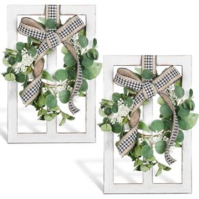 2 Pieces Farmhouse Wall Decor Wood Window Frame with Eucalyptus Wreath Rustic Farmhouse Decor Living Room Farmhouse Wall Art Plaid Bow Wood Window Decor Wooden Wall Pediments, 13. 8 x 8.9 Inch, White
