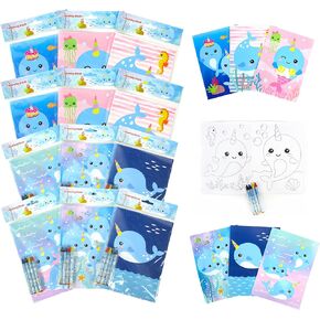 TINYMILLS Narwhals Coloring Book and Crayon Set for Kids Party Favors with 12 Coloring Books and 48 Crayons for Birthday Party Supplies, Narwhal Themed Favor Bag Filler