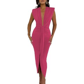 LYANER Women's Deep V Neck Pads Shoulder Ruched Split Slit Front Sleeveless Bodycon Midi Dress