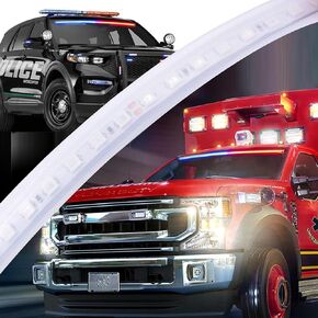 Flexible Car Emergency LED Strip Light, 48Inch Back Window Tailgate Dashboard Central Grid Light Bar Warning Strip Flashing Strobe for Tow Truck Pickup Fire Truck Emergency Vehicle (Red & Blue)