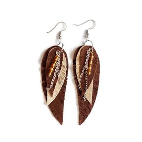Brown and cream suede leather Feather Earrings, layered earrings, tribal Earrings, Boho earrings, dangle earrings