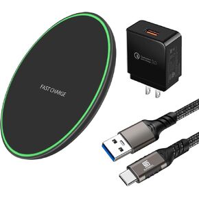 Wireless Charger for iPhone 15/15 Plus/15 Pro/15 Pro Max/14/14 Plus/14 Pro/14 Pro Max/iPhone 13/13 Pro/13 Pro Max/12/12 Pro, Wireless Charging Pad with QC 3.0 Charger and 6.6ft USB-C Cable, Black.