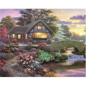 eGoodn 5D Diamond Painting Kits for Adults Cottage Landscape DIY Full Round Drill 20x16 Inches / 50x40 cm, Countryside Sunset Homeland Scenery of Flower Garden Stone Bridge