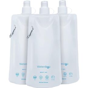 Waterdrop Water Pouch for Drinking, Hiking Water Bag, Pouch Water Bottle, Compatible with Filter Straw, Reuseable, Foldable, BPA-Free, 16 oz, Pack of 3