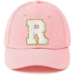 B1ykin Women's Baseball Cap Adjustable White Chenille Letter Patch Pink Hat, Classic Sports Washed Cotton Hat for Girls Women