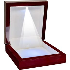 Wooden Jewelry Box with LED Light, 4 x 4 x 1.5 Inches Wood Case Necklace Gift Box for Birthday DIY Craft Hobbies Men Women Occasions (Mahogany, Cream Interior)