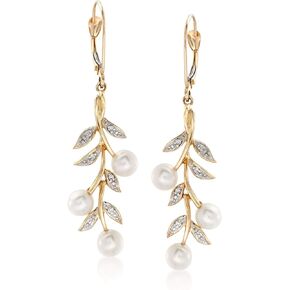 Ross-Simons 5mm Cultured Pearl and Diamond Accent Leaf Drop Earrings in 14kt Yellow Gold
