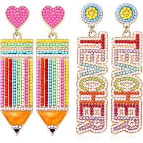 2/3Pairs Teacher Earrings for Women Beaded Pencil Dangle Earrings Statement Apple Book Drop Earrings Teacher Appreciation Gifts Back To School Jewelry Set