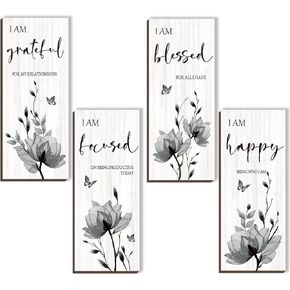 DONFENTHY 4 Pieces Black Wall Decor Black Bathroom Decor Flower Pictures Wall Decor Wooden Wall Art Thankful Grateful Blessed Home Living Room Bedroom Kitchen Office Decoration (Black 10x4 Inch)