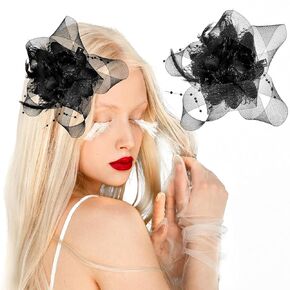 Neptniopllab Black Flower Hair Clip, Feather Fascinator Hair Band for Bridal Bridesmaid Girls, Floral Corsage Fascinator Hair Brooch for Women, Vintage Rose Red Hair Accessories for Wedding