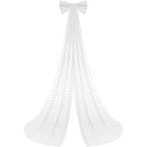 9.84 ft 1 Tier Wedding Bow Knot Veil Long Pearl Veils White Tulle Hair Clip Bride Hair Accessories for Bridal Shower Bachelorette Party Decorations