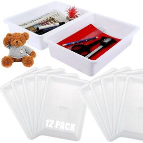 RHBLME 12 Pack White Plastic Trays for Kids Arts and Crafts, Flat Storage Tray Organizer Bin Letter Size Paper Trays for Classroom, Stackable Paper Tray for School Office Organization