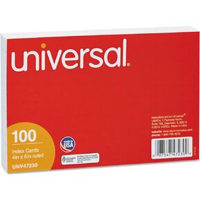 Universal 47230 Ruled Index Cards, 4 x 6, White, 100/Pack