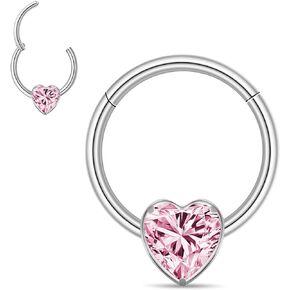 16G Silver Heart Gemstone Septum Ring Jewelry for Septum Piercing- 16 Gauge Surgical Steel Daith Earring - Small Nose Ring Hoop for Women-Pink Purple CZ Gem Septum clicker-8mm 10mm-Cute Dainty Septum Jewelry