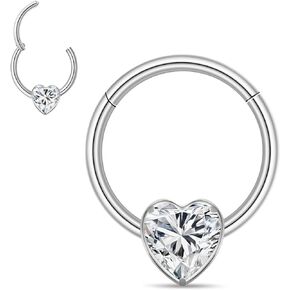 16G Silver Heart Gemstone Septum Ring Jewelry for Septum Piercing- 16 Gauge Surgical Steel Daith Earring - Small Nose Ring Hoop for Women-Pink Purple CZ Gem Septum clicker-8mm 10mm-Cute Dainty Septum Jewelry
