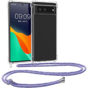 kwmobile Crossbody Case Compatible with Google Pixel 6 Case - Clear TPU Phone Cover w/Lanyard Cord Strap - Gold/Transparent