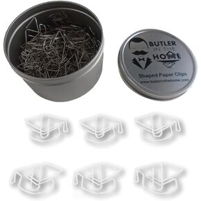 Butler in the Home 100 Count Graduation Cap Shaped Paper Clips Great for Paper Clip Collectors or Office Gift - Comes in Round Tin with Lid and Gift Box - Silver Metal