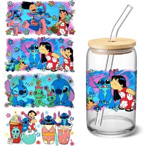 4 Sheets UV DTF Cup Wraps Transfer Stickers for Glass, Cartoon Cup Wraps Decal Stickers for Tumbler Cups (Blue)