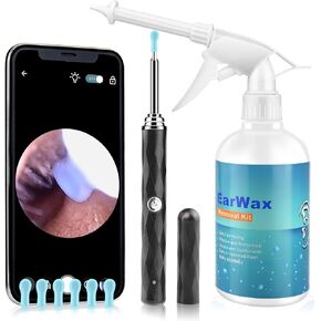 HWAEYEM HD Visible Battery Powered Ear Wax Removal Kit, IP67 1080P Camera 6 LED Lights, Ear Irrigation Flushing System with Basin, WIFI Connection Mobile App Compatible with iPhone iPad Android Phones