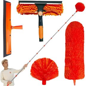20+ Feet High Reach Duster Kit with 3-14 ft Spliceabl Pole, High Ceiling Dusting and Window Cleaning Kit // Window Washer & Squeegee, Cobweb Duster, Feather Duster for Cobweb & Wall Dust Remover