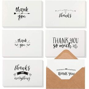 Best Paper Greetings 48-Pack Black and White Thank You Cards with Kraft Paper Envelopes for Graduation, Wedding, Birthday, Baby Shower, Blank Inside, Assorted Simple Vintage-Style Designs (4x6 In)