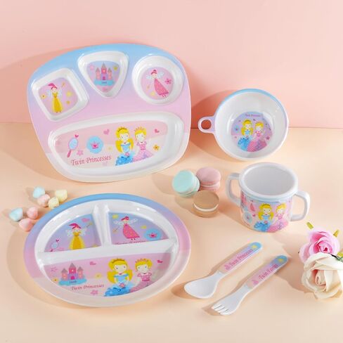 6 Pieces Melamine Dinnerware Set for Kids and Toddlers-Includes 2 Plates Bowl Cup Fork and Spoon Utensils Flatware, Dishwasher Safe and BPA-Free (Pink Princess Castle) in Saudi Arabia