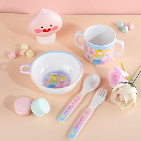 6 Pieces Melamine Dinnerware Set for Kids and Toddlers-Includes 2 Plates Bowl Cup Fork and Spoon Utensils Flatware, Dishwasher Safe and BPA-Free (Pink Princess Castle) in Saudi Arabia