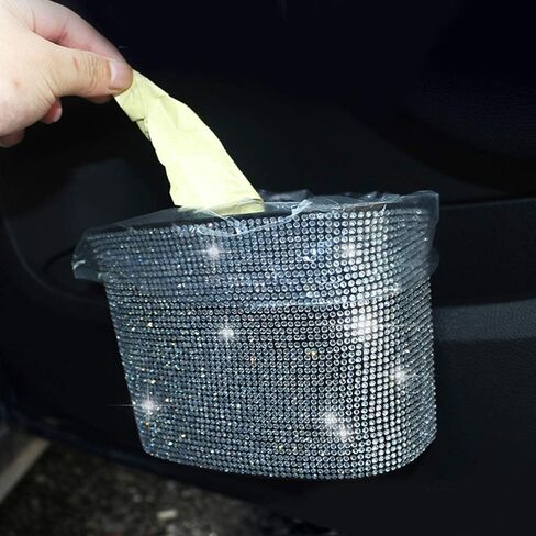 idain Bling Crystal Car Trash Can Auto Hanging Car Trash Can Sparkling Storage Holder Litter Container for Vehicle Office Home (White Rhinestone) in Saudi Arabia