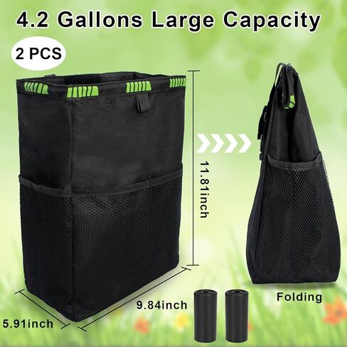 Dexspoeny 2 قطعة سلة مهملات السيارة تخزين 4.2 جالون، سلة قمامة السيارة ذات سعة كبيرة معلقة، سلة مهملات قابلة للطي مانعة للتسرب مع 4 جيوب، منظم تلقائي محمول مع لفتين من أكياس قمامة السيارة in Kuwait