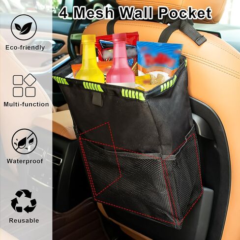 Dexspoeny 2 قطعة سلة مهملات السيارة تخزين 4.2 جالون، سلة قمامة السيارة ذات سعة كبيرة معلقة، سلة مهملات قابلة للطي مانعة للتسرب مع 4 جيوب، منظم تلقائي محمول مع لفتين من أكياس قمامة السيارة in Kuwait