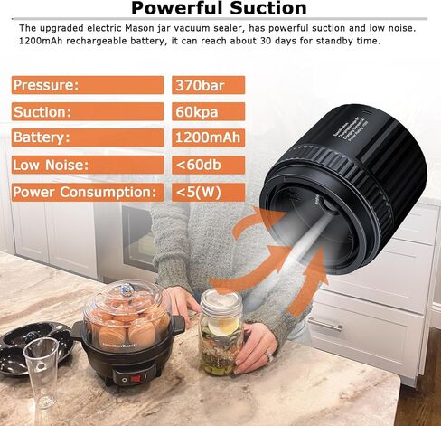 ZOMFOM Mason Jar Vacuum Sealer، مجموعة سدادة جرة ماسون الكهربائية مع 10 أغطية، متوافقة مع برطمانات ماسون العادية والواسعة الفم in Kuwait