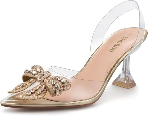 حذاء نسائي من SHOBOO بكعب شفاف مزين بحجر الراين وكعب شفاف ومقدمة مدببة وحزام خلفي لحفلات الزفاف in Kuwait