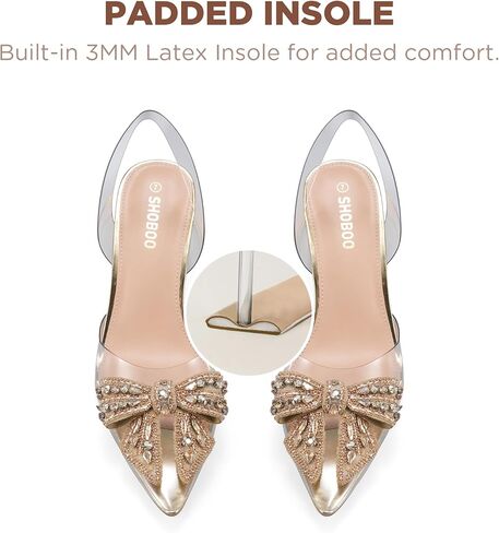 حذاء نسائي من SHOBOO بكعب شفاف مزين بحجر الراين وكعب شفاف ومقدمة مدببة وحزام خلفي لحفلات الزفاف in Kuwait