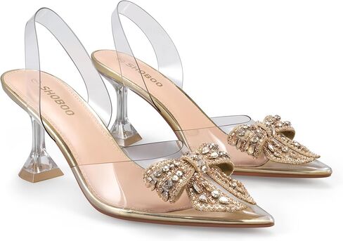 حذاء نسائي من SHOBOO بكعب شفاف مزين بحجر الراين وكعب شفاف ومقدمة مدببة وحزام خلفي لحفلات الزفاف in Kuwait
